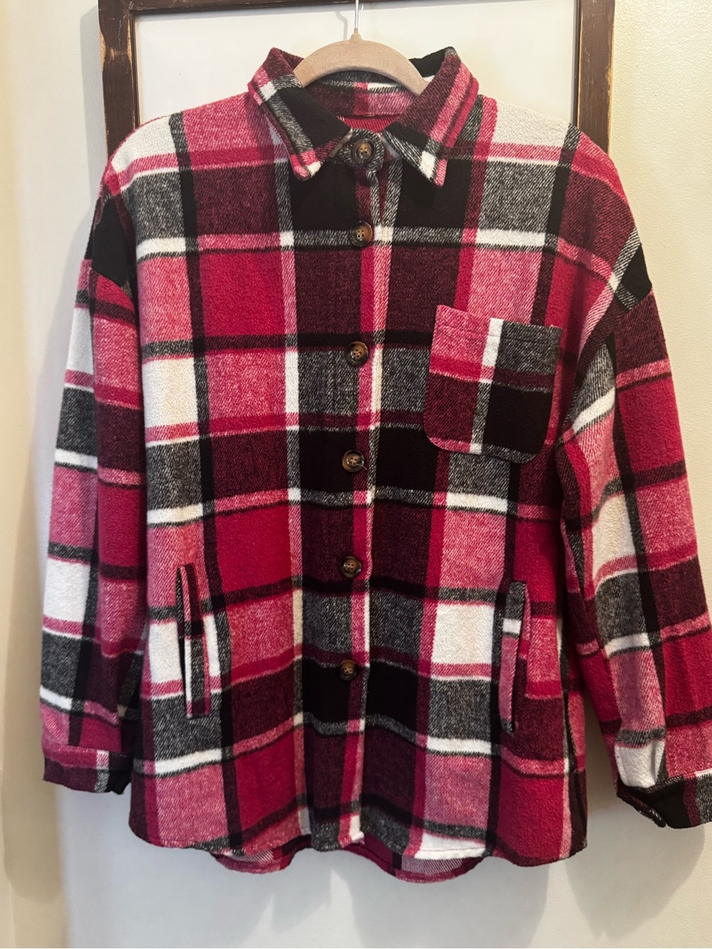 Pink/black Flannel Shacket with Pockets.